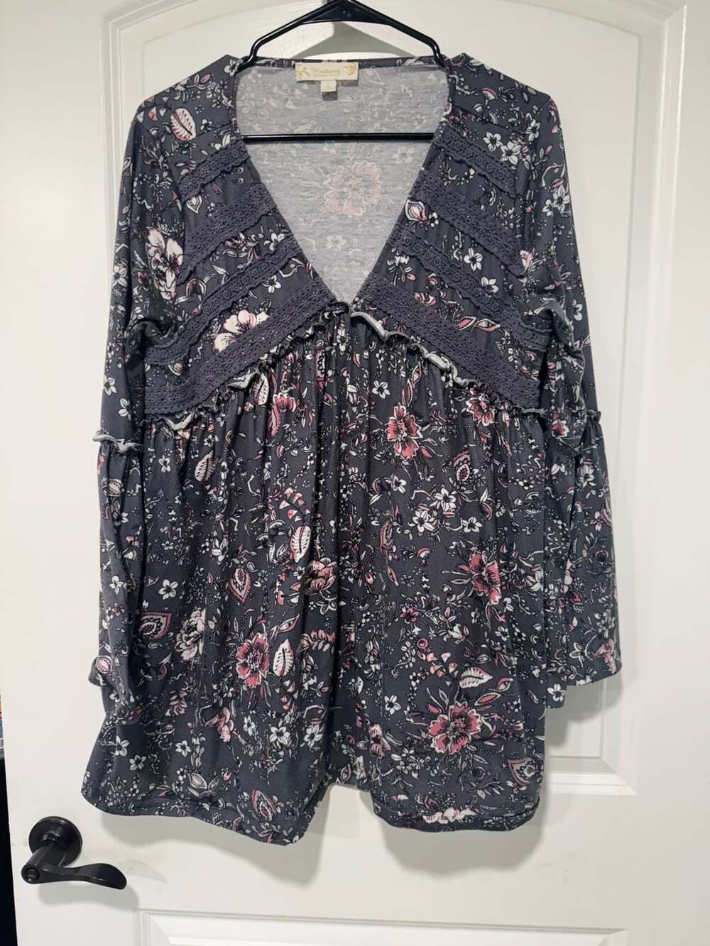 Boho Floral Lace Trim Tunic Top Romantic Cottagecore Babydoll Women’s L